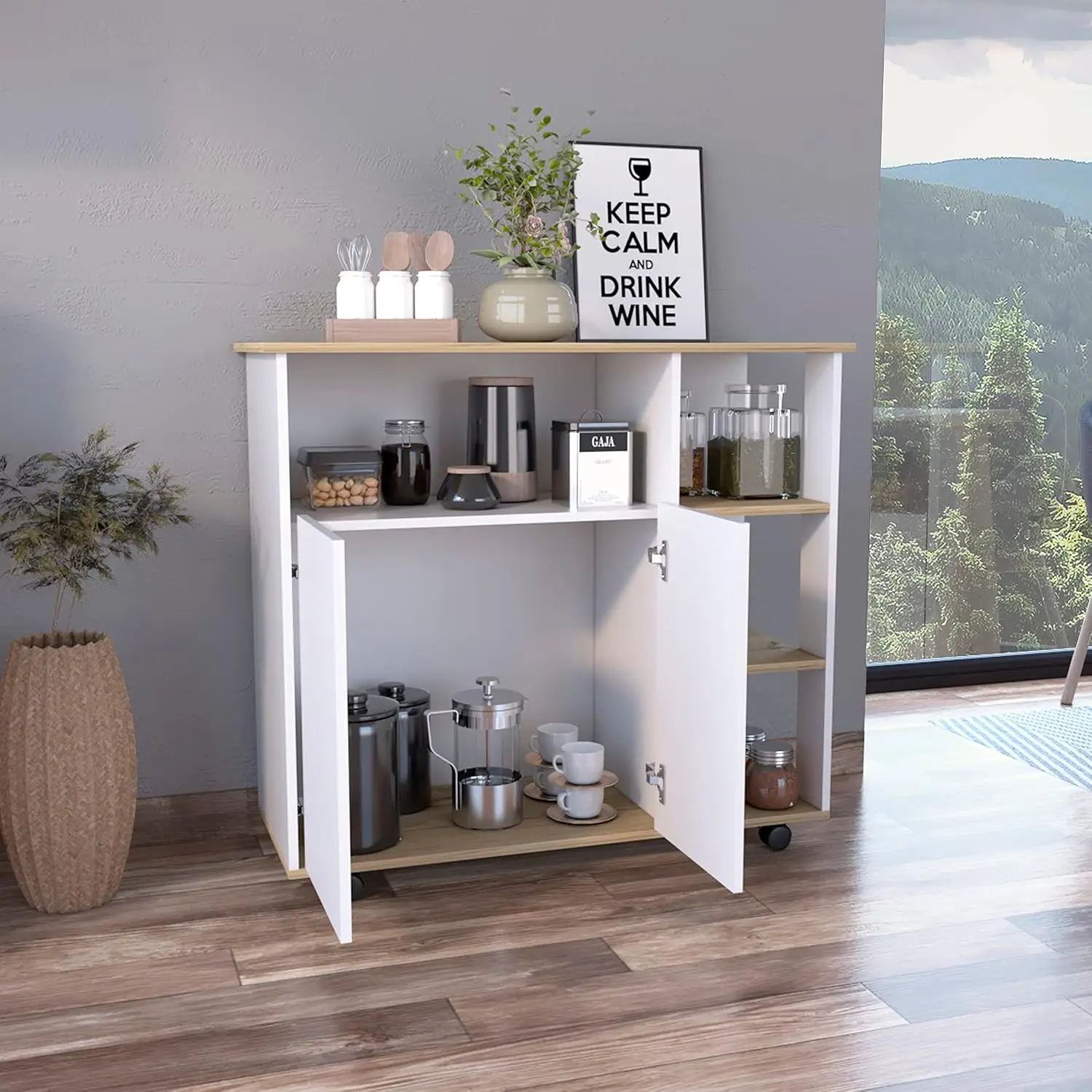 Kitchen Island Cart 35.43x39.37x15.75in Oak & White, 4 Locking Casters, 4 Shelves & Cabinet, Mobile Kitchen Storage, Customized