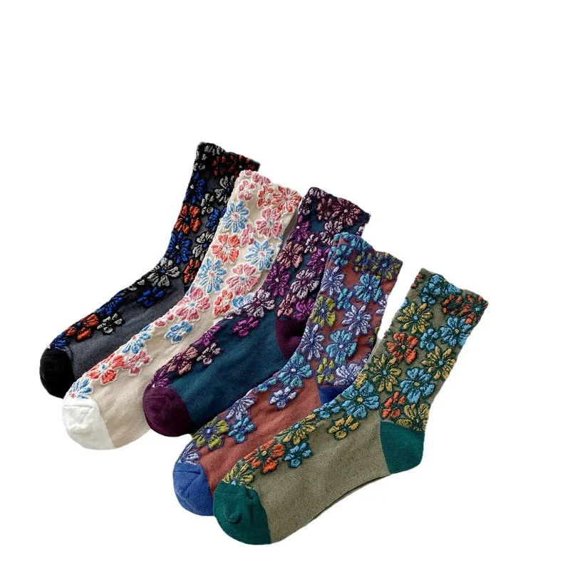 

5 пар осенне-зимних новых носков Mori Lady в стиле ретро с большим цветочным узором, средние носки-трубы, женские носки, штабелируемые носки