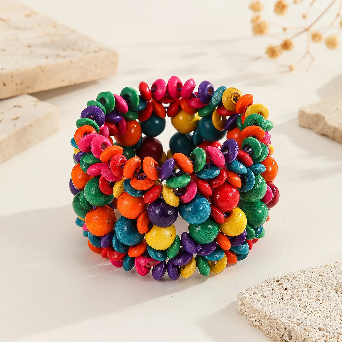 

Womens Bracelet Colorful Wood Beads Elastic Bangles