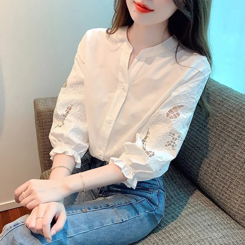 Women Heavy Industry Embroidered Bubble Lantern Shirt Tops Early Autumn Attire Female V-neck Seven Points Sleeve Chiffon  Blouse