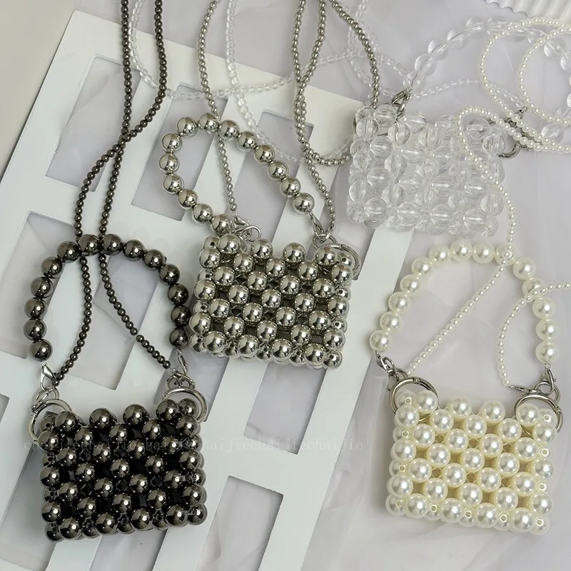 

2026 Vintage Handmade Acrylic Pearl Bead Metal Hand-held Crossbody Chain Woven Women's Bags Mini Exquisite Compact Banquet Bag