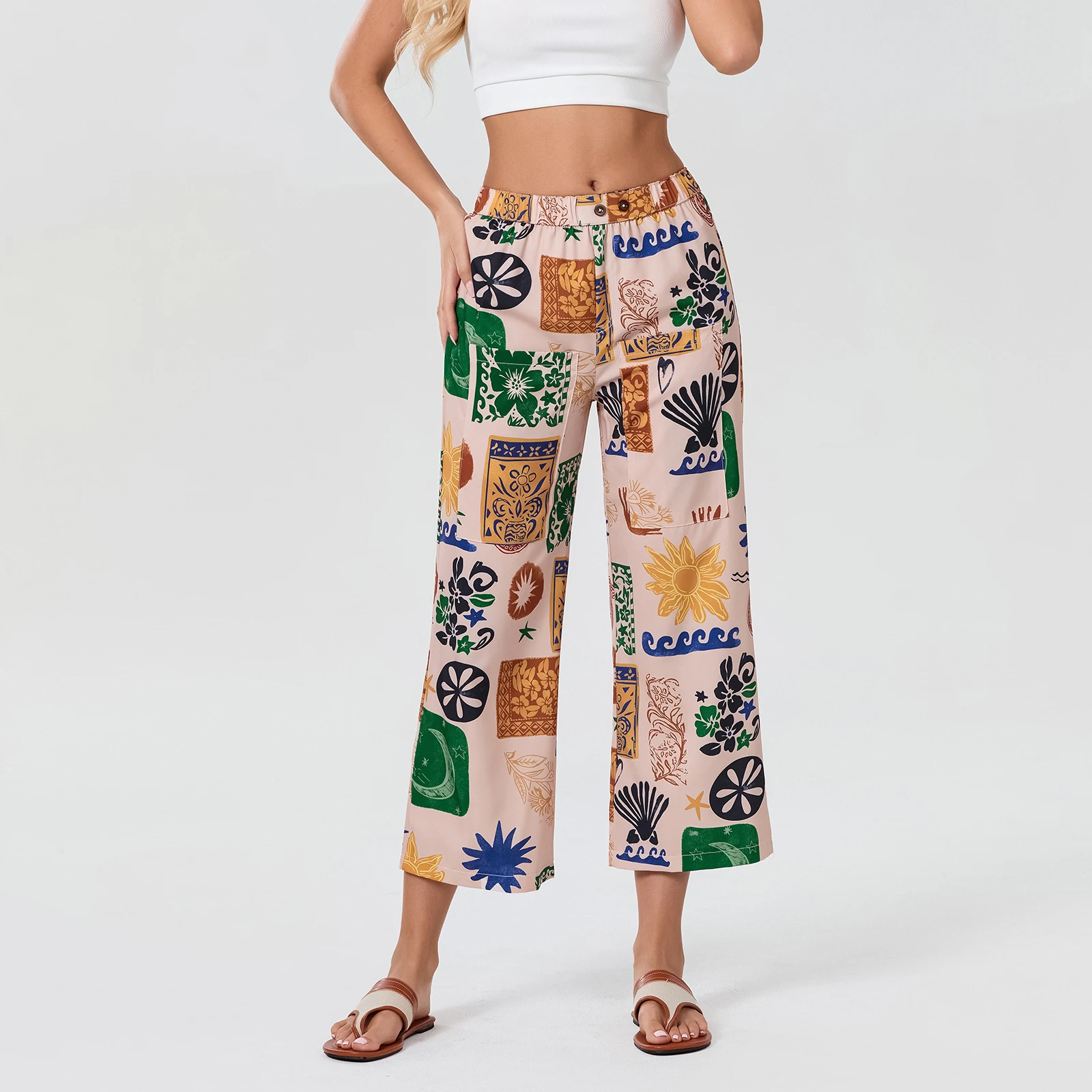 Pantalon à jambes larges imprimé vintage pour femmes, bande élastique adt, longueur mollet, fjStreetwear pour bas décontractés 03/Lounge