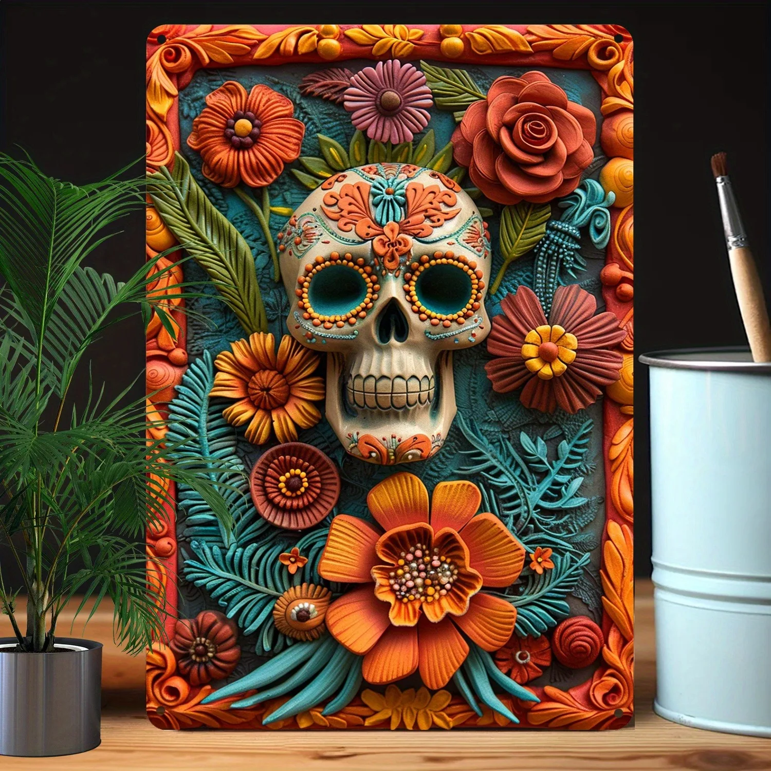 1Pc Vintage Day of The Dead Style Metal Wall Painting Art Plaque 2D Plane Sign for Garage Man Cave Bar Bedroom Clubs Store Decor