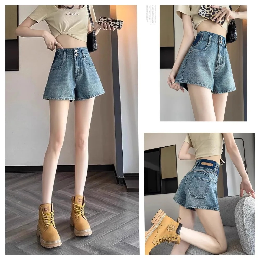 Hohe Taille A-Linie Weites Bein Ort Jeans Damen Plus Size Design Sense Zwei Knöpfe Farbe Colion Sommer Hotpants Baumwolle Str...