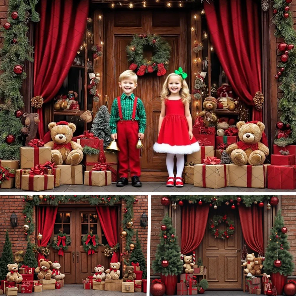 

Christmas Bear Gift Shop Photography Background Santa Claus Studio Red Curtain Wreath Backdrop Winter Kids Photo Studio Props