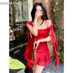 REDDACHiC Flowy Ruffle Mini Red Dress Women Casual Square Neck Stretch Slim Fit Ruched Bodycon Desire One-piece Summer Beachwear