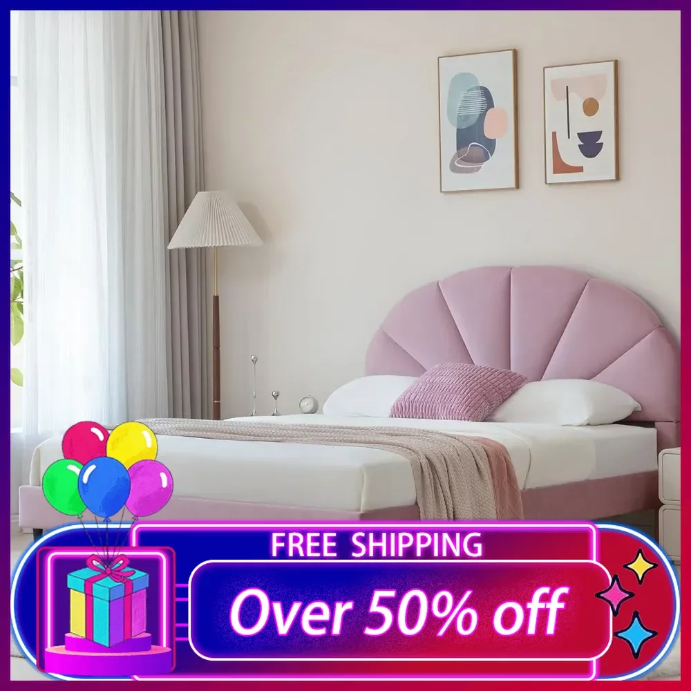 Pink Bed Frame Queen Size, Heavy Duty Upholstered Bed with Unique Headboard, Soft Velvet Platform Bed with Wooden Slats Support