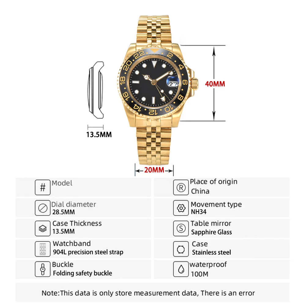 Relógio de vidro safira impermeável masculino, ouro GMT, movimento NH34, relógios de luxo high-end, suporte personalizado logotipo