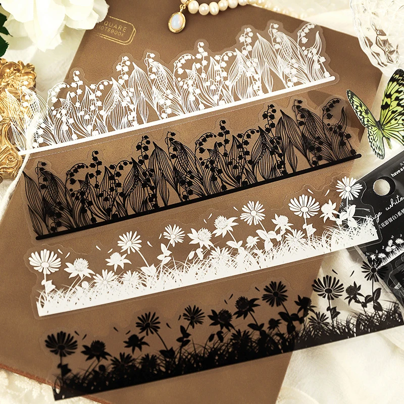 10 pcs black white Plant Flowers PET Stickers Long strip Decorative Scrapbooking material Diary Album junk journal supplies