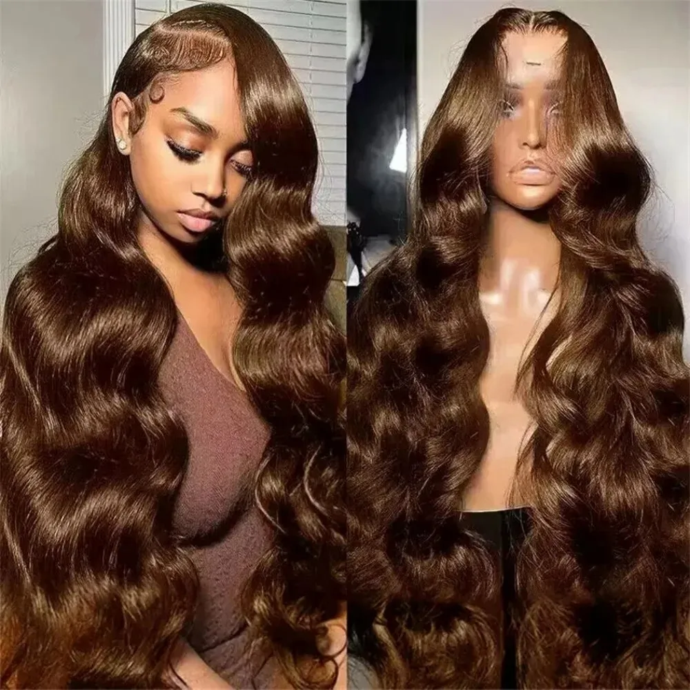 Perruque Lace Front Wig Brésilienne Naturelle, Cheveux Humains, Body Wave, Brun Chocolat #4, 13x6, HD, Densité 200, 36 Pouces, pour Femme