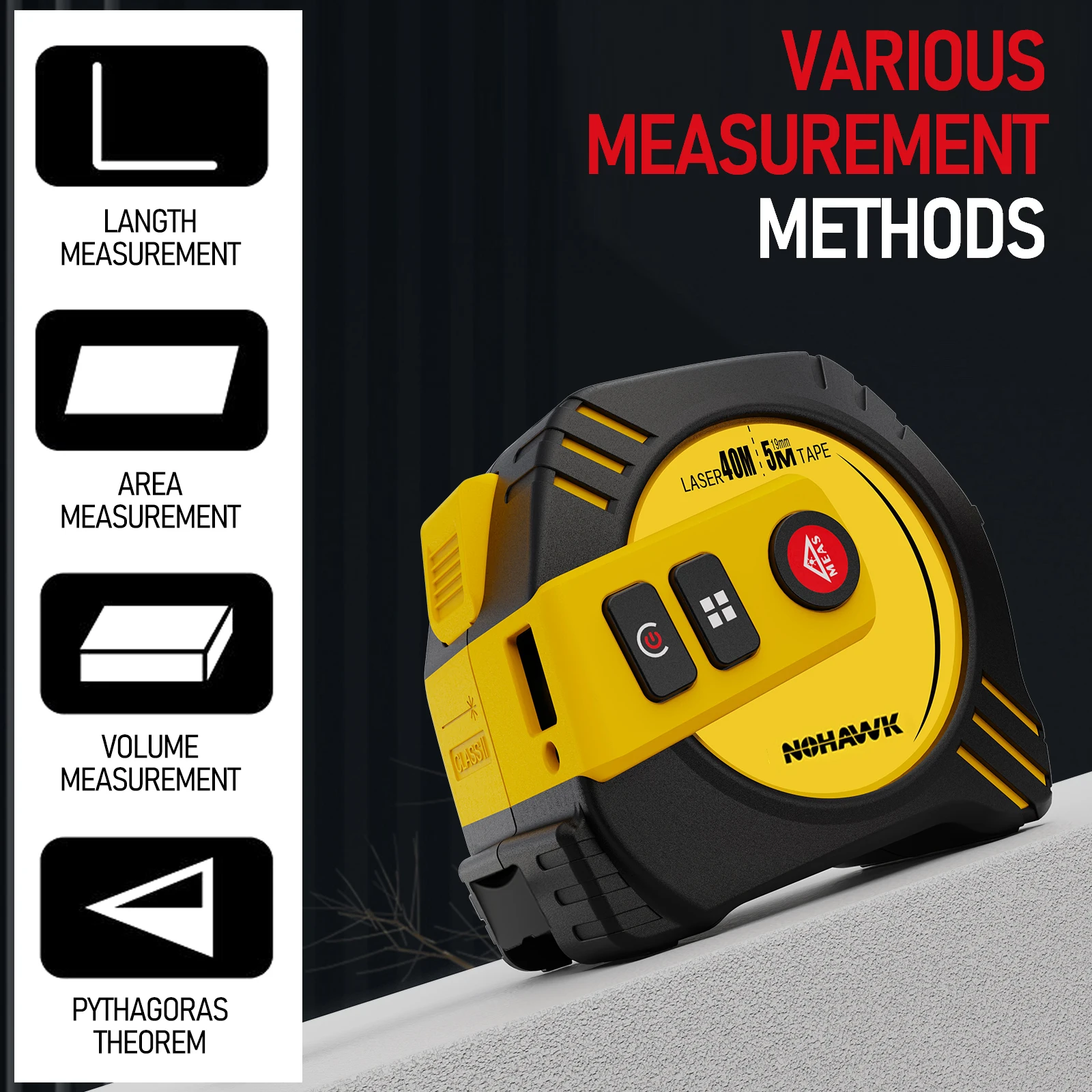 

2 in 1 Laser Tape Measure Laser Measuring Tool 16 ft Measuring Tape LCD Display Self-Locking Measuring Pythagorean, Area, Volume