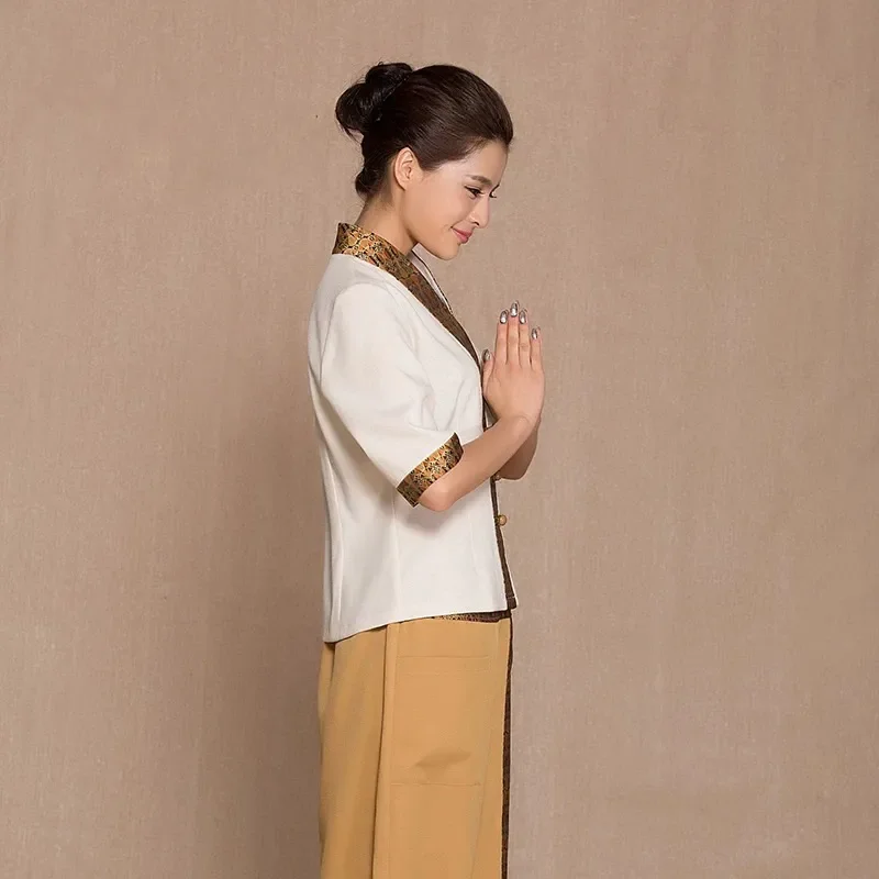 Women Man Spa Uniform Thai Style Tops Trousers Workwear Cotton Linen Beauty Salon Therapist Clothes Set Waitress Restaurant Wear