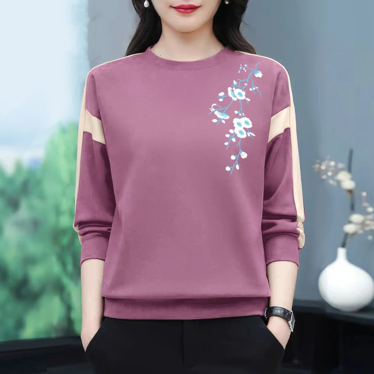 Casual Women\'s Printed Patchwork T-shirt 2024 Spring Autumn Trend Commute Long Sleeve Round Neck Pullovers Tops Female Clothing