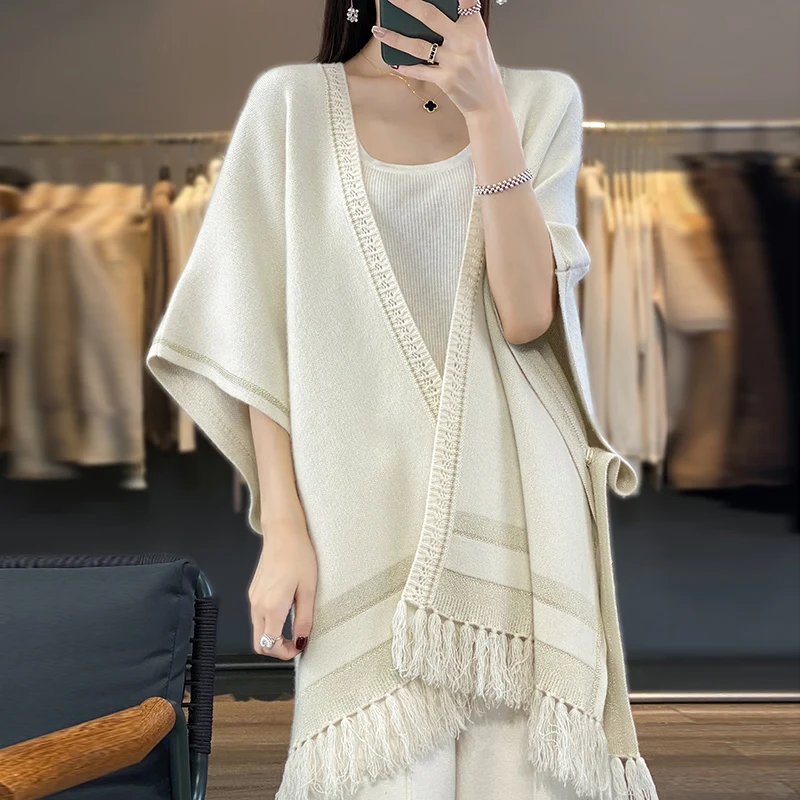 Women's 100% Merino Wool Knit Cape Poncho Open Front V Neck Fringe Edge Striped Detail Bohemian Chic Autumn Winter Knitwear