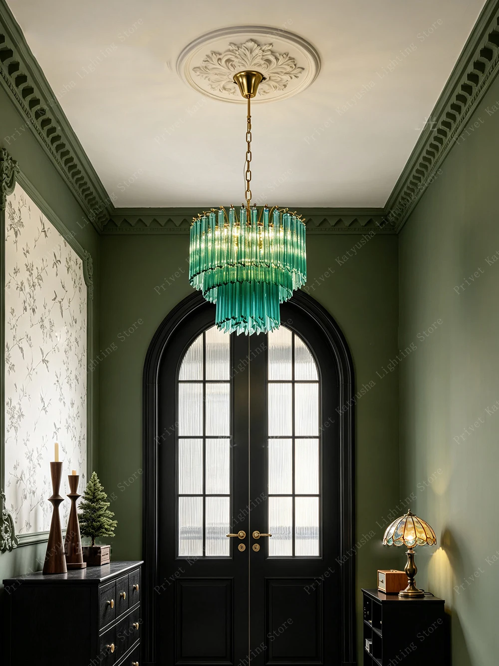 High-end Green Crystal Glass Ceiling Pendant Light Retro Exquisite Living Room Design Chandelier Dimmable Lampen Chrome Lampen