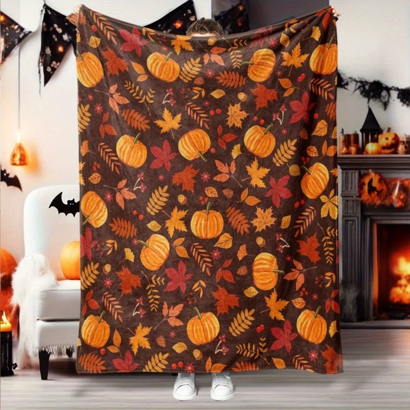 Watercolor Fall Harvest Throw Blanket,Maple Leaf Pumpkin Pie Coffee Cup Print Soft Warm Sofa Couch Cover,Cozy Autumn Blanket