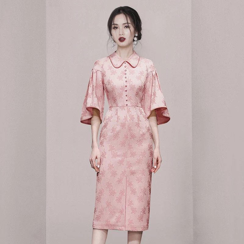 New Runway Fashion Summer Pink Jacquard Bodycon Dress Vintage Women Peter Pan Collar Flower Print Flare Sleeve Split Vestidos