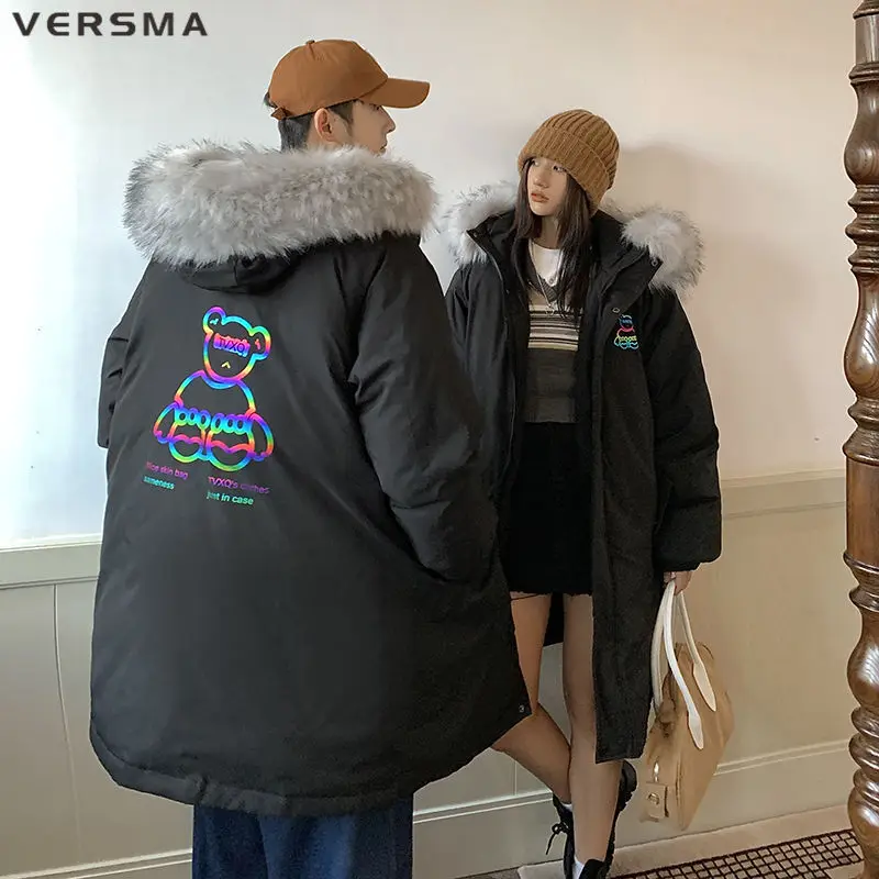 

VERSMA Korean Harajuku Reflective Print Jacket Coat Men Duck Down Parka Winter Long Oversize Teenager Fur Collar Men Windbreaker