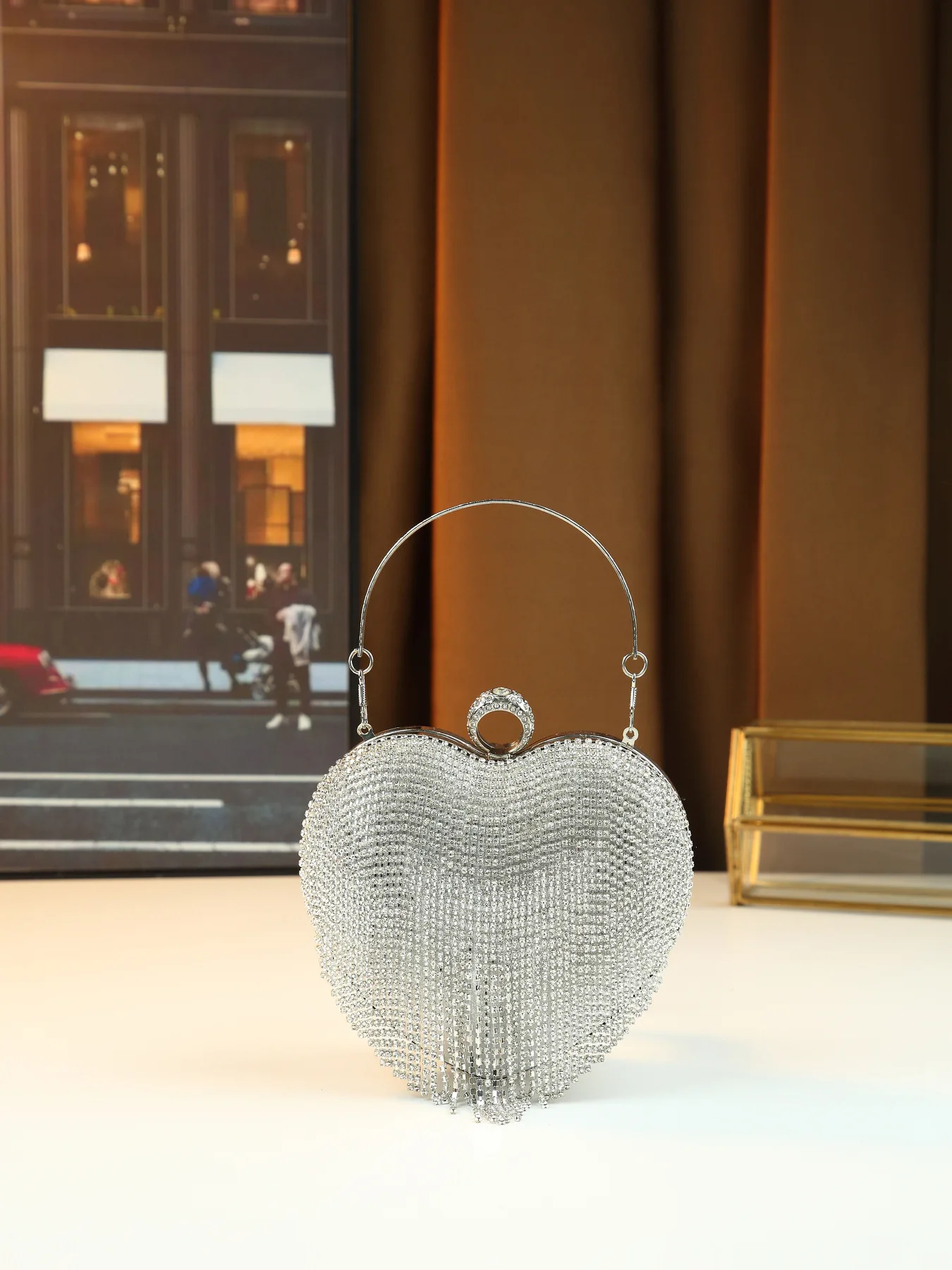 New Crossborder Tassel Rhinestone Bag Party Evening Diamond Lock Handbag Heart Shape Elegant Women's Bag