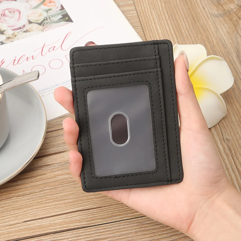 Men Women Slim PU Leather Card Holder 1‑Fold ID Card Wallet Multi‑Slots Transparent ID Window Mini Pocket Card Case