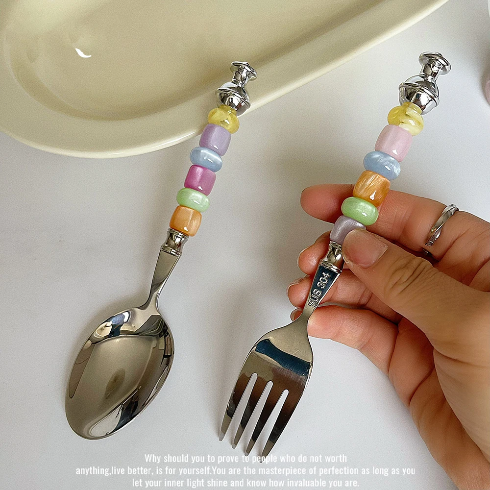 Cute Colorful Beading Stainless Steel Spoon Fork Vintage Dessert Spoon Western Food Coffee Salad Fork Creative Ice Cream Spoon view 3