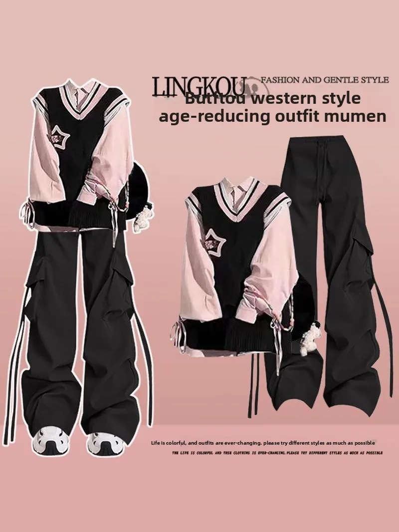 

American College Style Loose Casual Wide Leg Three Piece Set Vest Shirt Street Dance Hip Hop Workwear Pants Fashionable Outfit