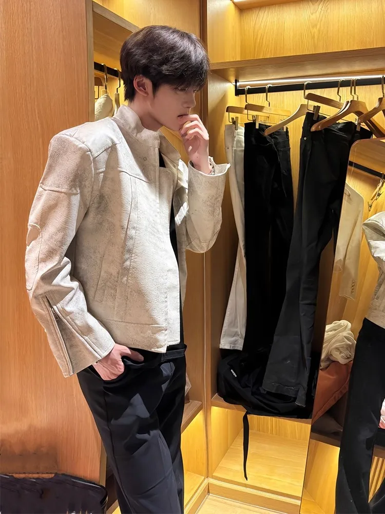 

American Sle ort Motorcycle Leather Jaet Men's Design Sense High Level Cool Cleanfit Stand Collar Pilot Jaet