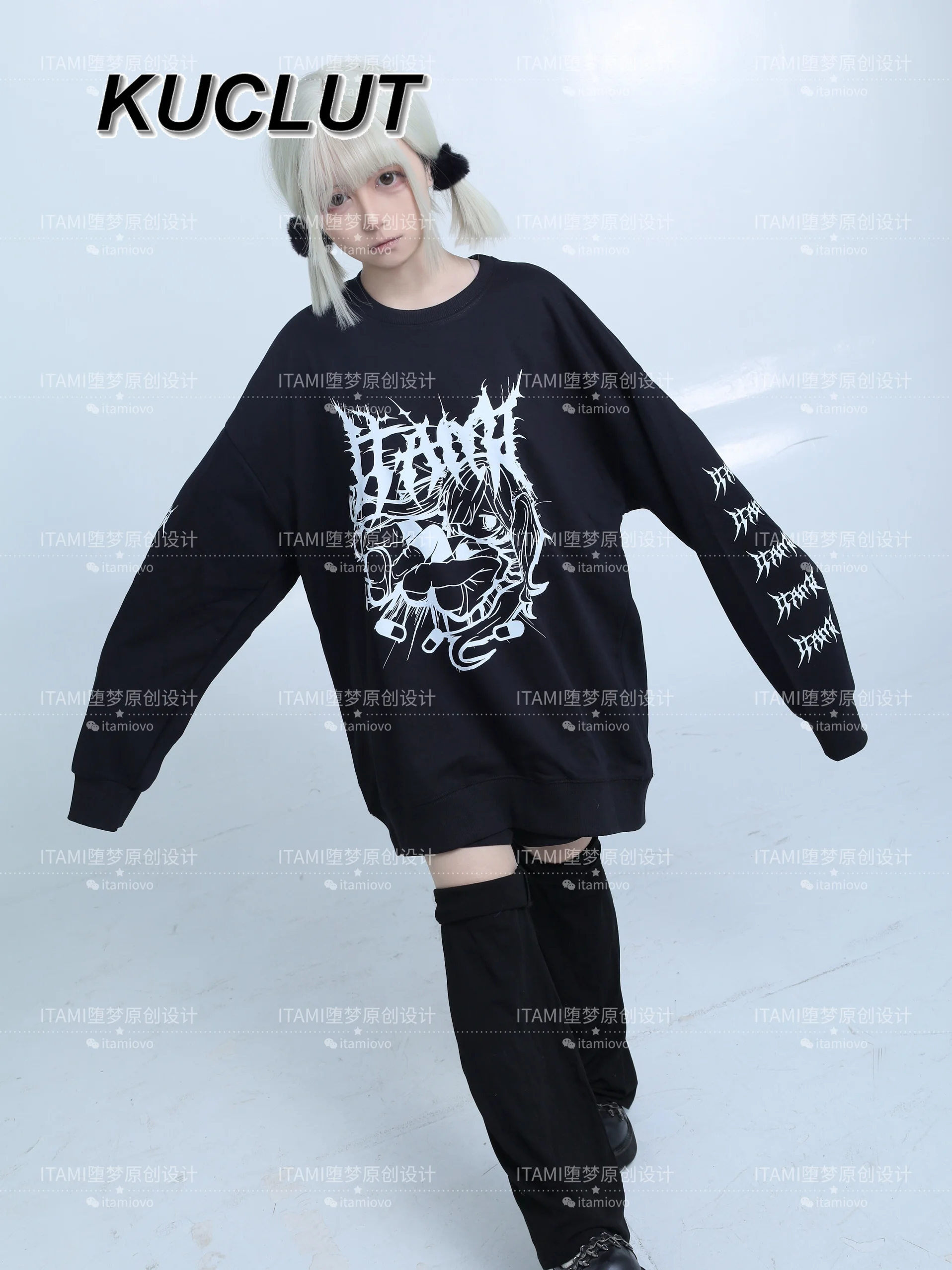 

Пуловер с длинными рукавами в стиле панк, темный, массового производства, черный, с круглым вырезом, японский повседневный свитшот для пар