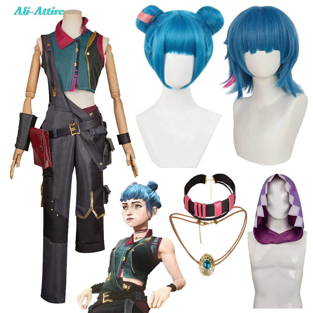 لعبة LoL TV 2 تأثيري الشباب غامض Jinx مسحوق الملابس الباروكات قبعة المرأة حفلة تمويه هالوين زي كرنفال الزي الدعاوى #1