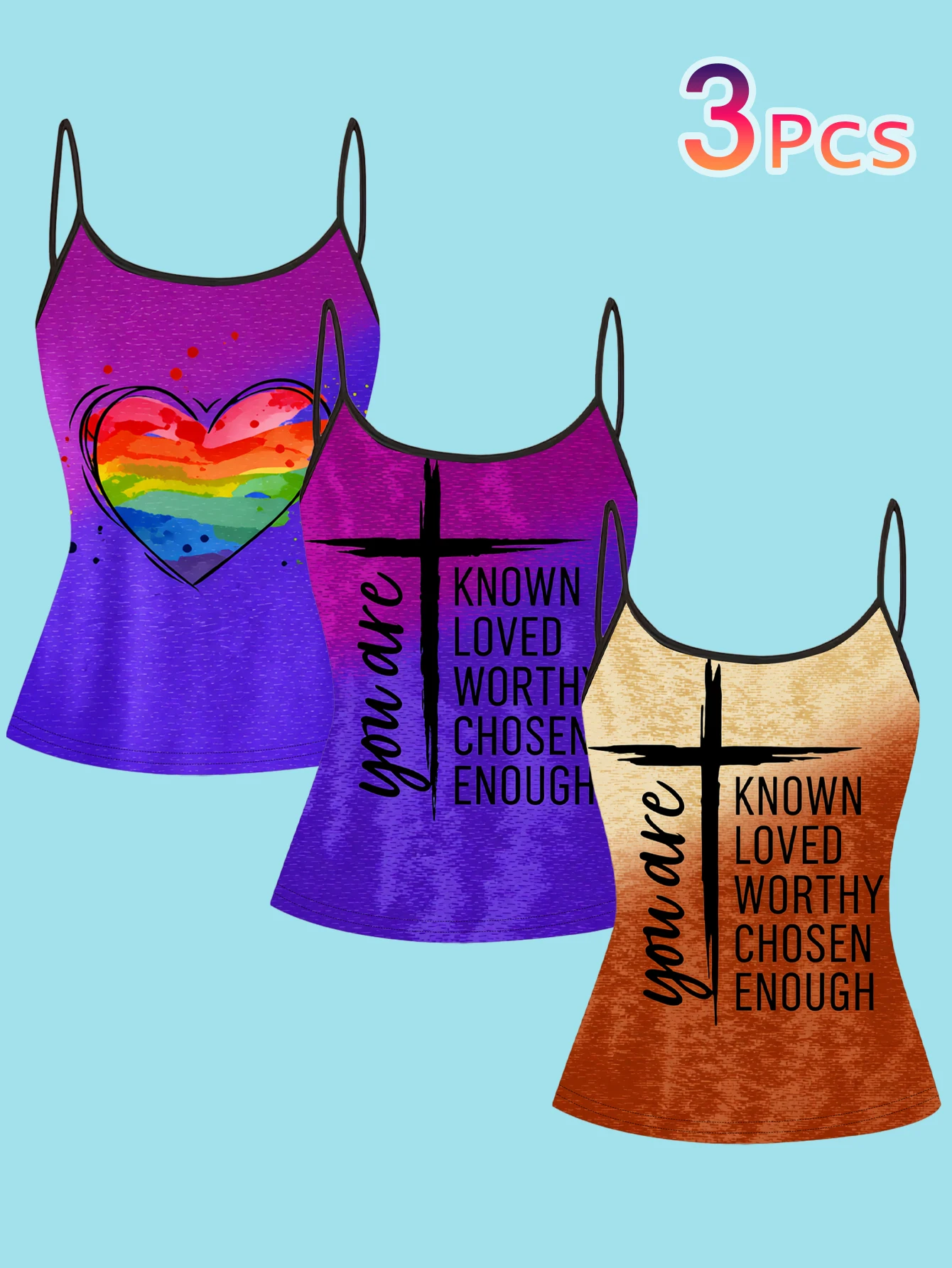 3-Piece Set of Rainbow Heart Inspirational English Print Camisole Tops for Women, Summer Slim-Fit Spaghetti Strap Inner Wear with a Stylish Vibe