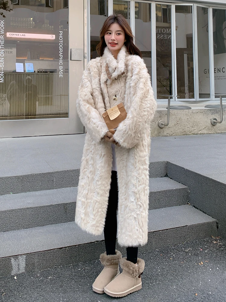 Luksusowe, długie damskie płaszcze ze sztucznego futra, nowość na zimę 2024, zapinane na guziki, skórzane i futrzane, imitacja skóry licowej, koreański styl.