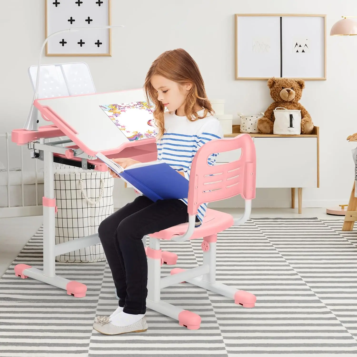 Adjustable Kids Desk & Chair Set with LED Light, Tiltable Desktop, Storage Drawer for Boys Girls Study