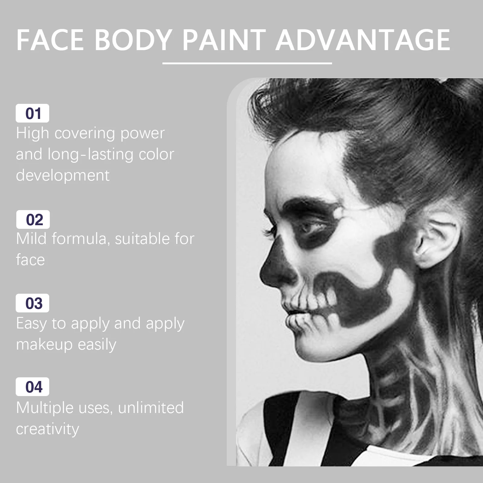 Black White Water Based Face Body Paint Kit Halloween Full Coverage Lightweight Foundation Clown Joker Makeup Festive Set