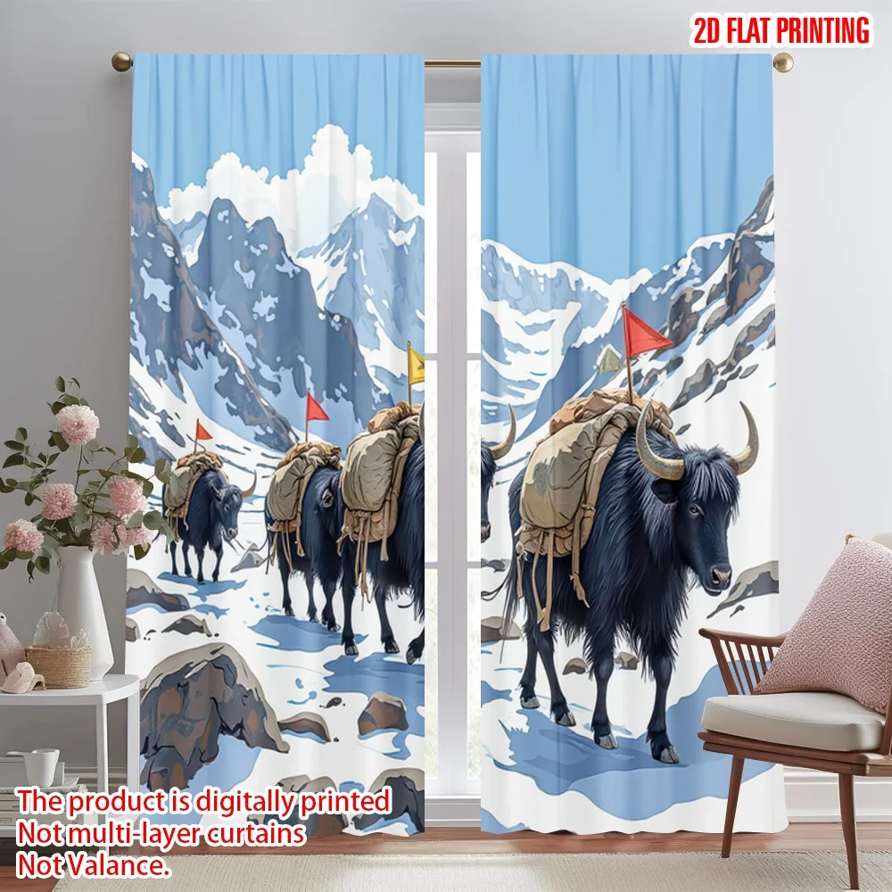 

2D flat printing 2pcs Curtains Yaks Trekking Snowy Mountains Digital Printed Polyester Drapes Party Decorations for Event