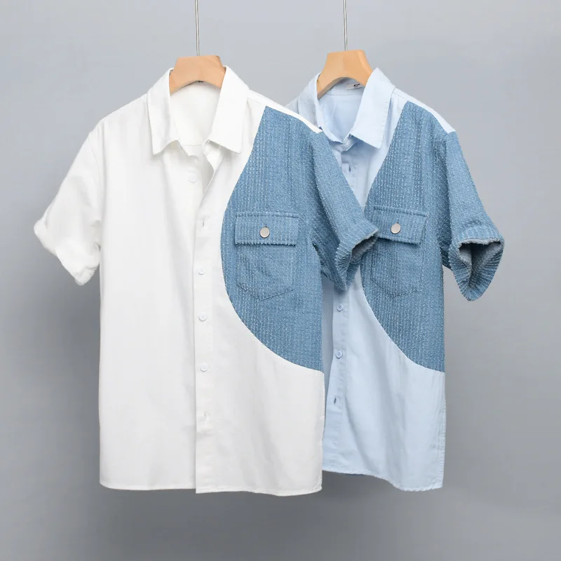 

Men's Asymmetrical Patchwork Chic Shirt Casual Loose Short Sleeve Teen Unique Design Blouse Summer Versatile Holiday Cotton Tops