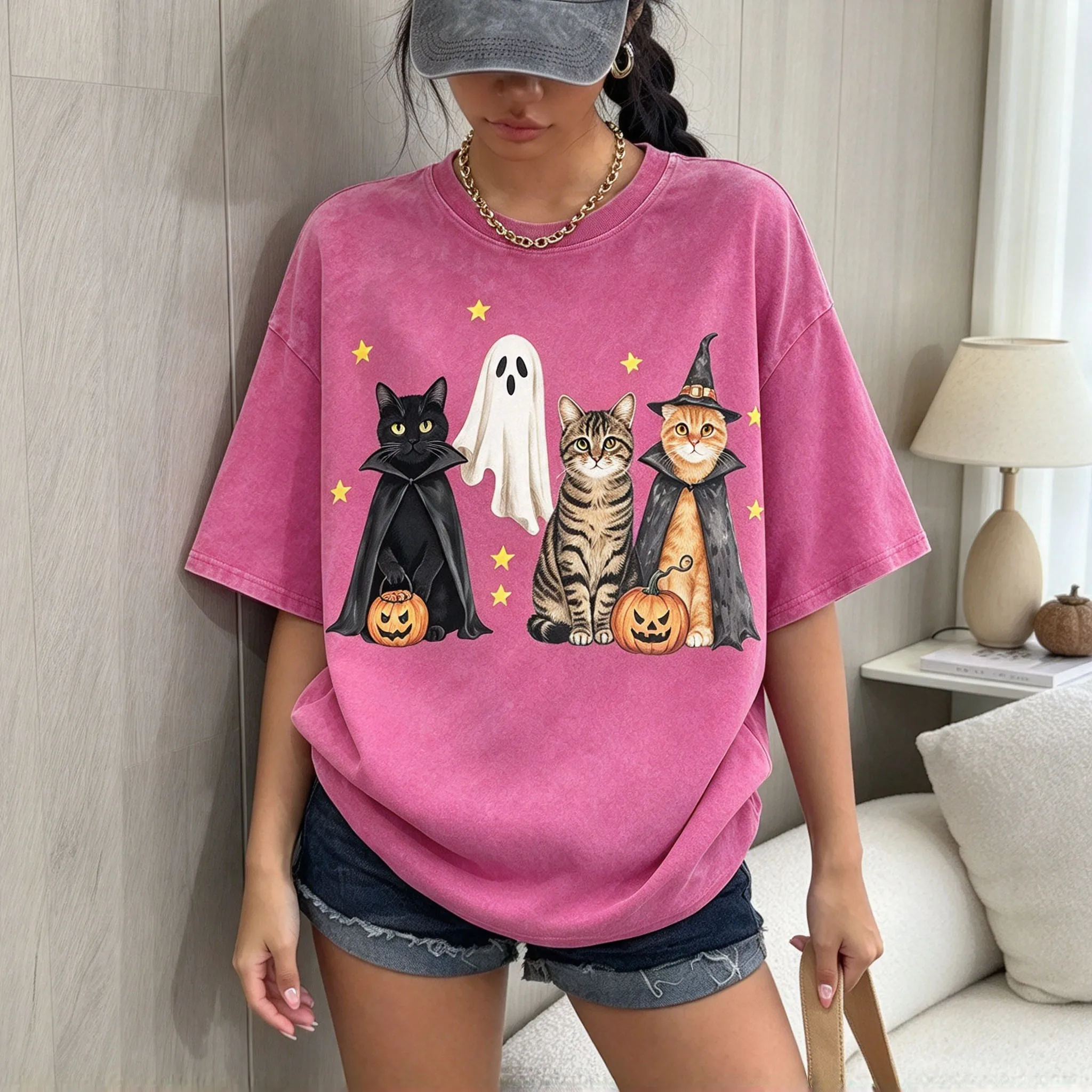 Vintage Washed Short Sleeve T Shirt Women Halloween Cats Ghost Witch Pumpkin Print Casual Crew Neck Tee