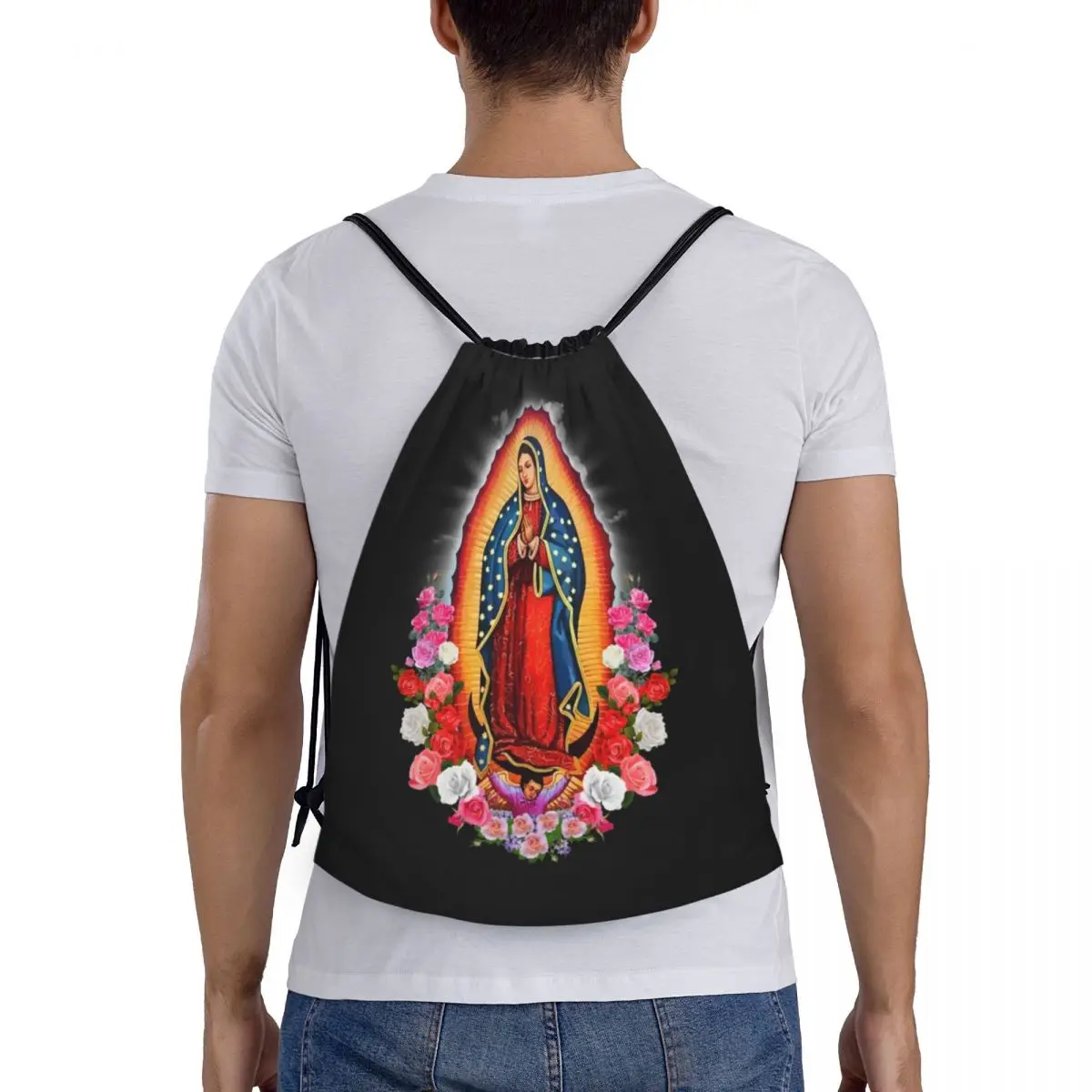 Mochila con cordón de la Virgen María de Guadalupe para hombre y mujer, bolsa deportiva para gimnasio, santo católico de México, Sackpack de compras