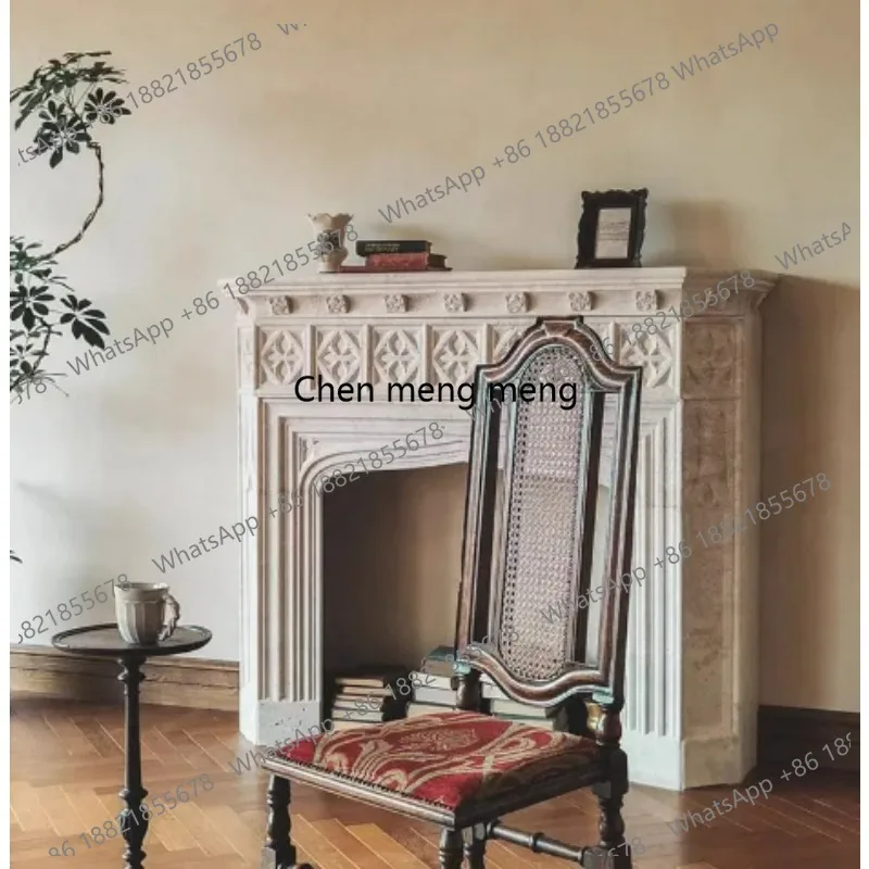 

RR Hand Carved Indoor Fireplaces for Hotels and Villas Designer Freestanding Beige Marble Fireplace