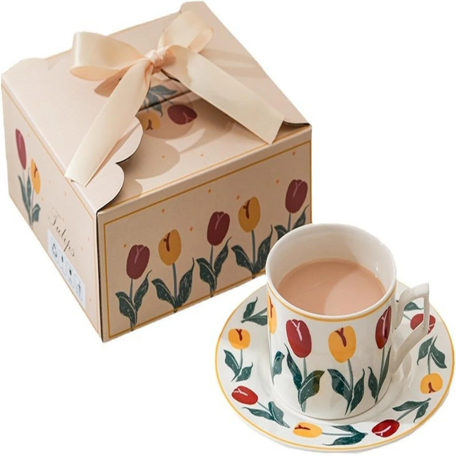 

Exquisite Antique Hand-painted Ceramic Tulip Coffee Cup Set - Elegant and Charming Cups and Saucers for a Luxurious Afternoon Te