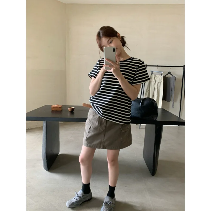 Korean Style Striped Short Sleeve T-Shirt Three Colors Slimming Top Dongdaemun Women's High Quality Cotton round Neck Tee