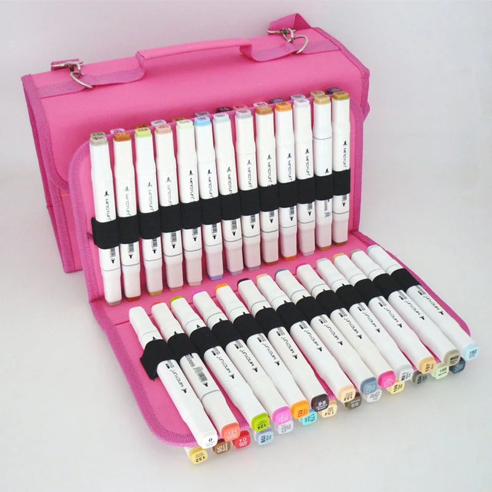 

Heavy Duty 80 Slot Marker Storage Bag Nylon Shoulder Strap Zippered Compartment Lipstick Organizer Detachable Sleeve Rosy