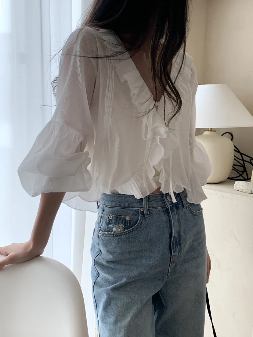 

3Color Summer 2025 Korean Style V Neck Long Sleeve Shirt Loose Ruffles Thin Sun Protection Blouse Female Outwear tops(hx9344