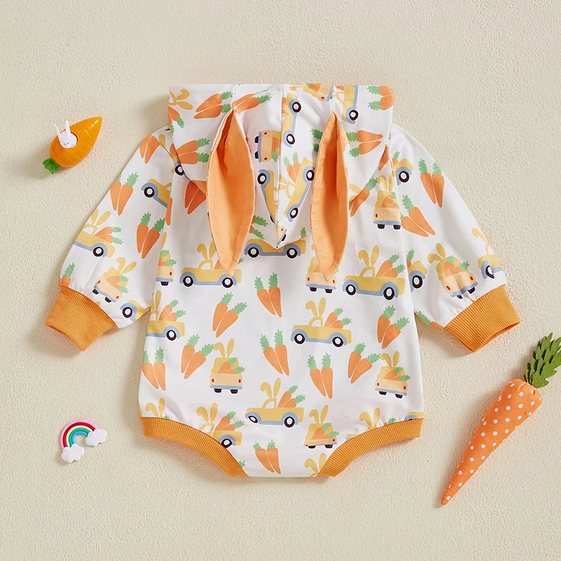 2024-12-12 Lioraitiin Newborn Baby Easter Romper Spring Long Sleeve Truck Carrot Print Hooded Bodysuit Playsuit with Rabbit Ears