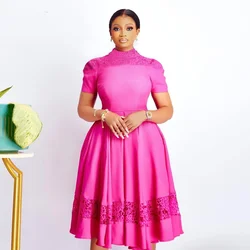 Women's Dress Fashion New Short Sleeves High Waist African Formal Dress Half High Neck A-line Rose Red Slim Evening Party Dress