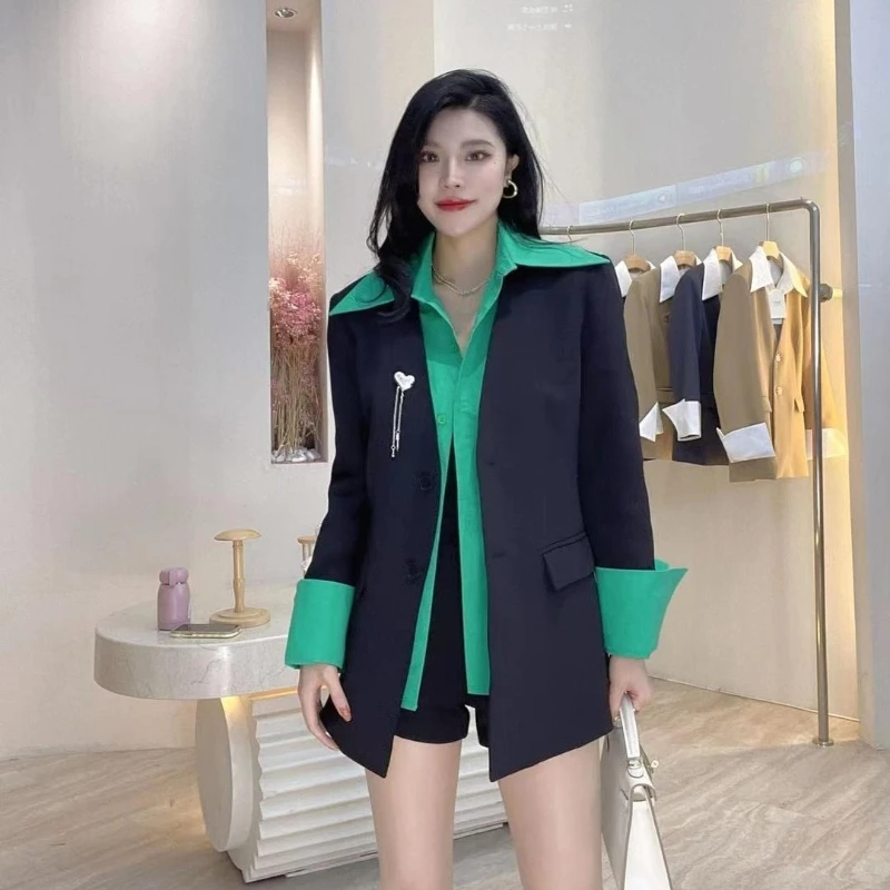 ​High Quality Women's Fake Two Piece Suit Jacket 2025 Spring Autumn Oversized Color Block Chic Versatile Casual Korean Blazer​