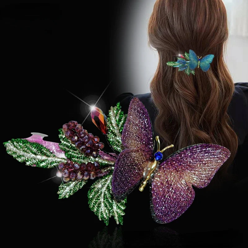 

Embroidery Butterfly Hairpin Hair Accessories for Women Back Head Spoon Horsetail Spring Clip Retro Hairbows for Girls Tiaras