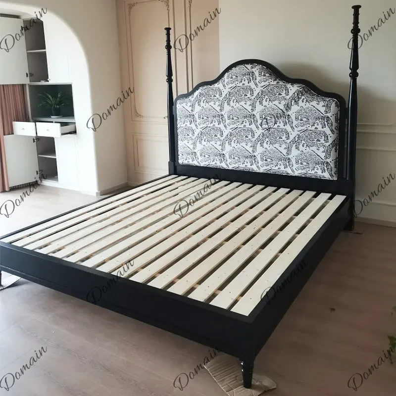 N10 French retro solid wood master bedroom double high back Roman pillar bed black beech soft bag 1.8 meters princess bed