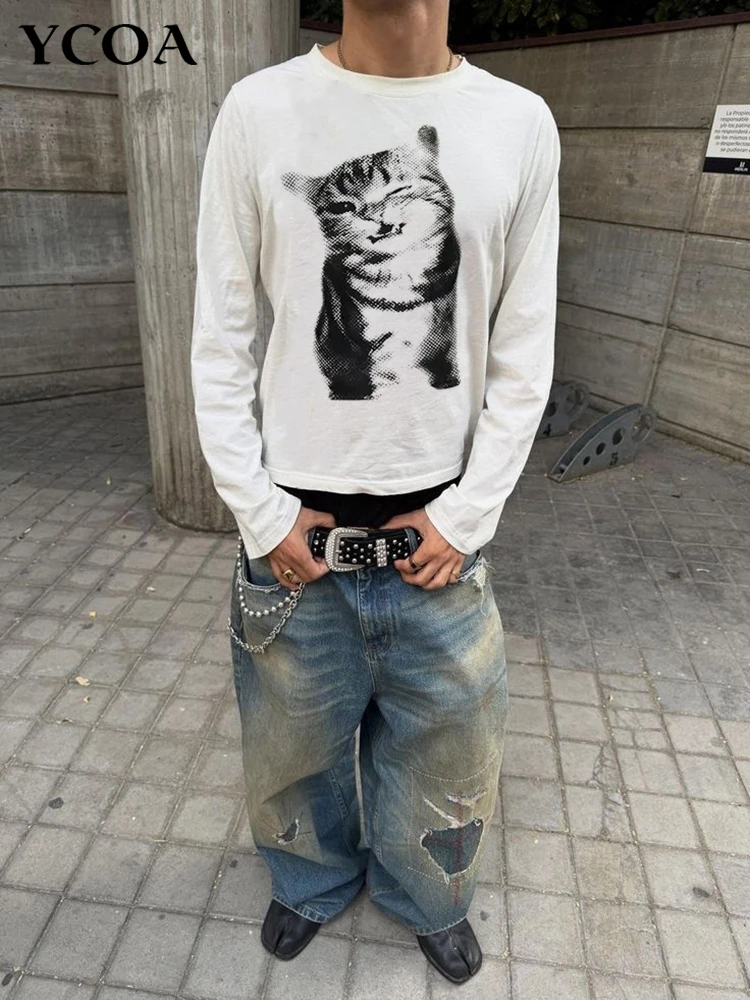 Herren-Langarm-T-Shirt aus Baumwolle mit Grafik, übergroß, Vintage-Ästhetik, koreanische Mode, Tops, T-Shirts, Y2k, Streetwear, Unisex-Kleidung