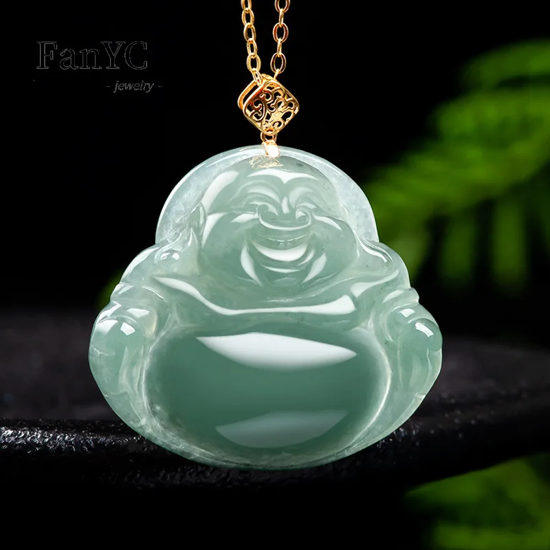 

Natural Jadeite Maitreya Buddha Pendant 18K Gold Inlaid Hand-carved Exquisite Fashion Ice Jade Necklace Men & Women Holiday Gift