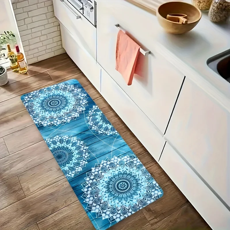 Bohemian Blue Mandala Print Long Runner Rug, Vintage Wood Texture Floral Pattern Non-Slip Washable Floor Mat for Kitchen